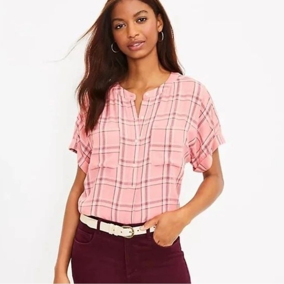 LOFT Pink Plaid Button Down Shirt - Picture 7 of 7